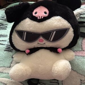 Kuromi Plush Bag with Sunglasses Motif - Black & White with Pink Accents